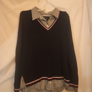 Tommy Hilfiger Black V-Neck Sweater with Red and White Stripe Trim